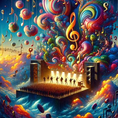 The primary subject of the image is a group of people standing on a stage, performing in front of a crowd. The setting is a stage with a backdrop of a colorful, swirling, and musical background. The visual style is a digital art or illustration, with a vibrant and lively atmosphere. The colors and mood are predominantly bright and energetic, reflecting the excitement and energy of the performance.